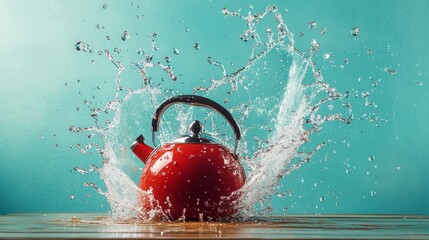 Wall Mural - red kettle splashing water on wooden table against teal background.