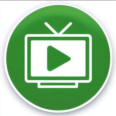 Fototapete - Circular green icon with white-outlined television set featuring antenna and vibrant green play-button symbol on screen, clean simple design.