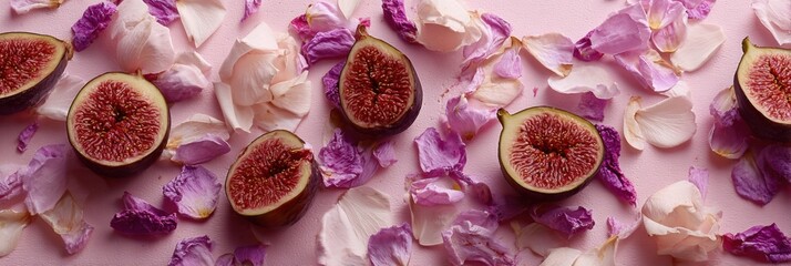 Poster - Fresh Figs Elegantly Presented With Scattered Edible Flower Petals for a Romantic Atmosphere