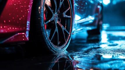 Wall Mural - wet red car wheel reflecting in puddle at night.