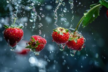 Poster - Ripe strawberries on the vine getting splashed with fresh water, perfect for representing healthy eating or summer refreshment