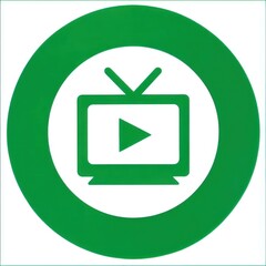 Fototapete - Circular green icon with classic boxy television, play button on screen, antennae on top, high-contrast white background, simple clean design.