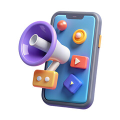 Poster - Vibrant 3D Mobile Advertising Campaign with Megaphone and App Icons on a Transparent Background for Innovative Digital Marketing