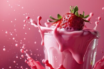 Poster - Fresh strawberry splashing into a glass of pink milkshake, creating a vibrant, refreshing splash on a pink background