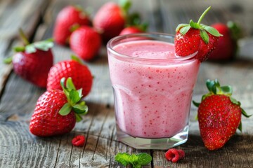 Poster - Pink strawberry smoothie garnished with fresh strawberry, raspberries and mint leaves on rustic wooden table