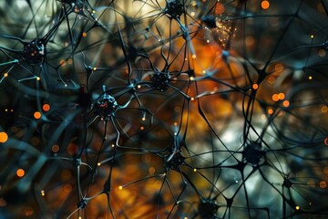 Poster - Complex network of neurons firing and transmitting electrical signals through synapses, representing brain activity