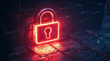 Poster - Glowing red neon padlock on dark brick background.