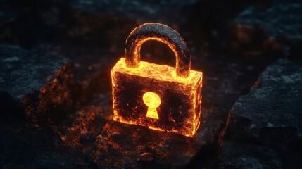 Poster - Fiery glowing padlock on dark rocks.