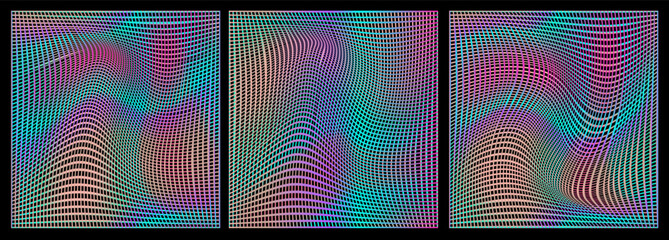Poster - Abstract vector backgrounds in modern op-art style with colorful warped grids. Features blue, pink, purple, and beige tones. Dynamic wave patterns create a vibrant and futuristic visual effect.