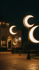 Wall Mural - a beautiful building with a large white dome and three lit up crescent moon lights. the crescent moo