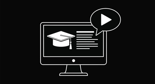 White outline of a computer screen displaying graduation cap icon video