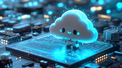 Poster - Cute cloud robot on a circuit board, glowing with blue light, representing digital technology and cloud computing.