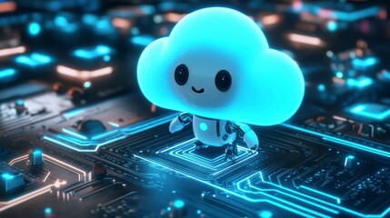 Aufkleber - Cute robot cloud character on a circuit board, representing digital technology and cloud computing.