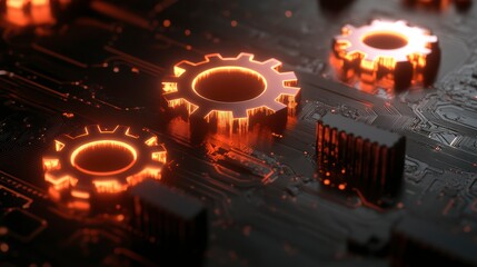 Poster - Glowing gears on a circuit board, representing technological innovation and complex systems.