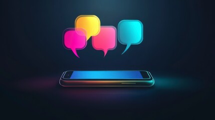Poster - Smartphone displaying colorful communication bubbles, symbolizing online chat, messages, and digital communication.