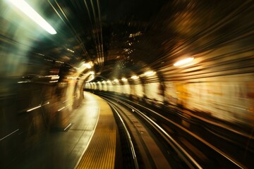 Poster - Fast moving train creates motion blur effect as it speeds through dark underground tunnel