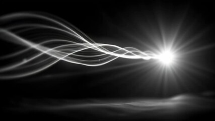 Poster - Abstract White Waves Flowing Towards a Bright Light on Black Background