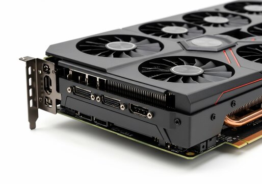 High-end graphics card with multiple fans and copper heat pipes on white background