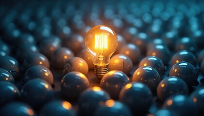 Poster - Bright light bulb glows among unlit ones. Concept of innovation, creativity, standing out crowd, business, new ideas, individuality. Solution, invention, leadership, difference, success.