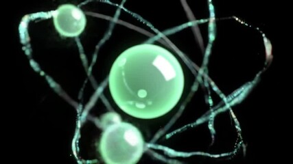 Poster - Atom Model Animation with Orbiting Particles and Energy Trails on Black Background for Scientific Visualization