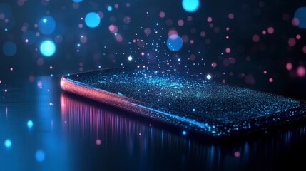 Poster - Futuristic smartphone emitting glowing particles, dark background.