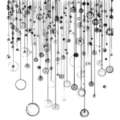 Poster - Abstract illustration featuring hanging circles and vertical lines in a monochrome design scheme