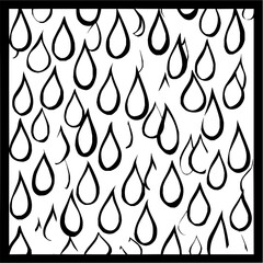 Poster - Monochrome illustration of numerous raindrop shapes arranged within a black bordered frame design