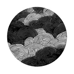 Poster - Circular graphic featuring a pattern of semicircular shapes in black and white lines creating depth