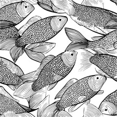 Poster - Detailed monochrome pattern of many fish swimming together in a dense and overlapping arrangement design
