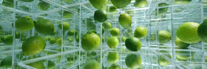 Poster - Surreal Floating Limes Captured Within a Transparent Cube Glass Structure Enhancing Visual Depth