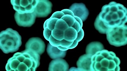 Poster - Teal and Blue Microscopic Cells Floating on Black Background Medical Scientific Healthcare