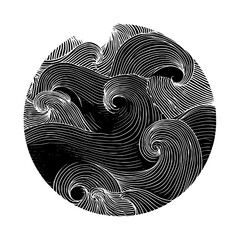 Poster - Circular design featuring stylized waves with intricate line work in black and white illustration art