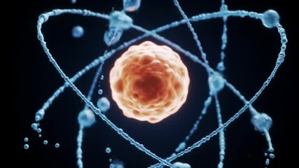 Poster - Vibrant Orange Atomic Core Surrounded by Blue Electron Orbitals on Dark Background Showcasing Atomic Structure in