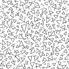 Poster - Seamless pattern of scattered black outlined triangles and lines on a white background creates a dynamic design
