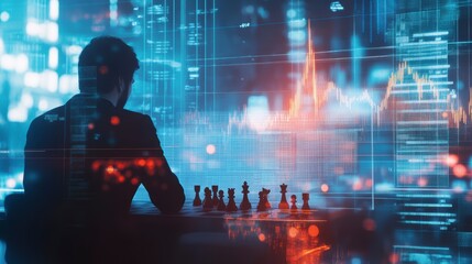 Poster - Silhouetted man strategizing with chess pieces against a backdrop of city data visualizations and stock market graphs.