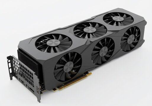 Sleek gray graphics card with triple fan cooling system on white background