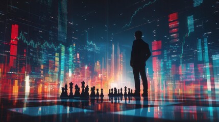Poster - A businessman stands before a giant chessboard in a futuristic city, symbolizing strategic planning and financial markets.