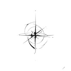 Poster - Abstract black and white compass rose design with intersecting lines and circular elements on white background