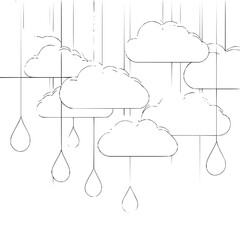 Poster - Illustration of several white clouds with raindrop shapes hanging from them in a monochrome design