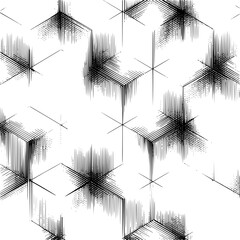 Aufkleber - abstract black and white geometric pattern featuring cubes and star shapes with line textures design
