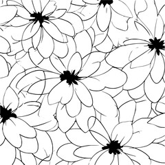 Poster - Monochrome floral pattern featuring dense arrangement of outlined daisy like flowers design element