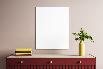 Poster - Vertical white canvas mockup on beige wall above red wooden dresser with books and yellow vase in modern home interior scene display setup. 3D Rendering