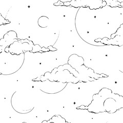 Poster - Illustration showing a seamless pattern of clouds moons and stars in a night sky aesthetic design