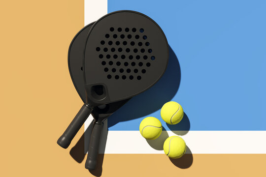 Black padel rackets and yellow balls on colorful court background with strong shadows under bright lighting. 3D Rendering