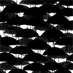 Poster - Dense array of black umbrellas with varying textures against a white background design pattern view