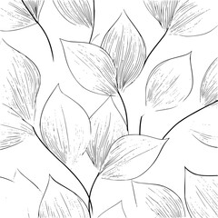 Poster - Monochrome botanical pattern featuring stylized leaves with delicate line details and thin stems design