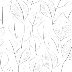 Poster - Delicate line art illustration featuring a dense pattern of stylized leaves and stems in black and white