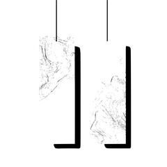 Poster - Two abstract u shaped black structures with swirling white patterns suspended by thin black lines above