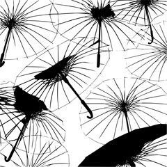 Poster - A monochrome pattern featuring overlapping silhouettes of open umbrellas against a white backdrop design