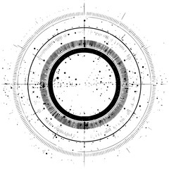 Poster - Circular abstract design with concentric rings, radial lines, and scattered black dots in a grunge style